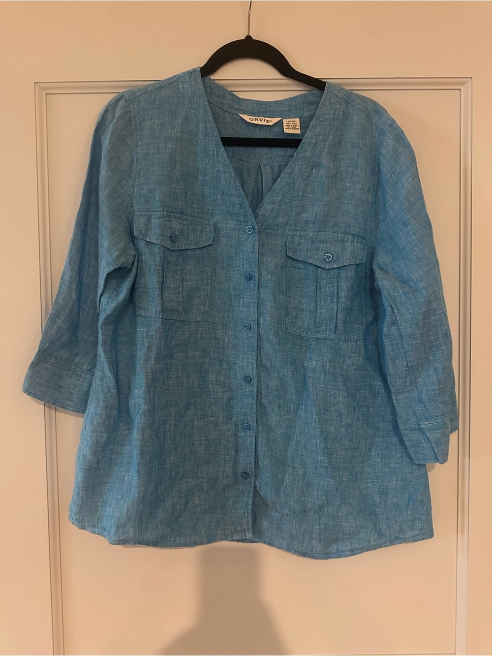Orvis Light Blue Linen V-Neck Top